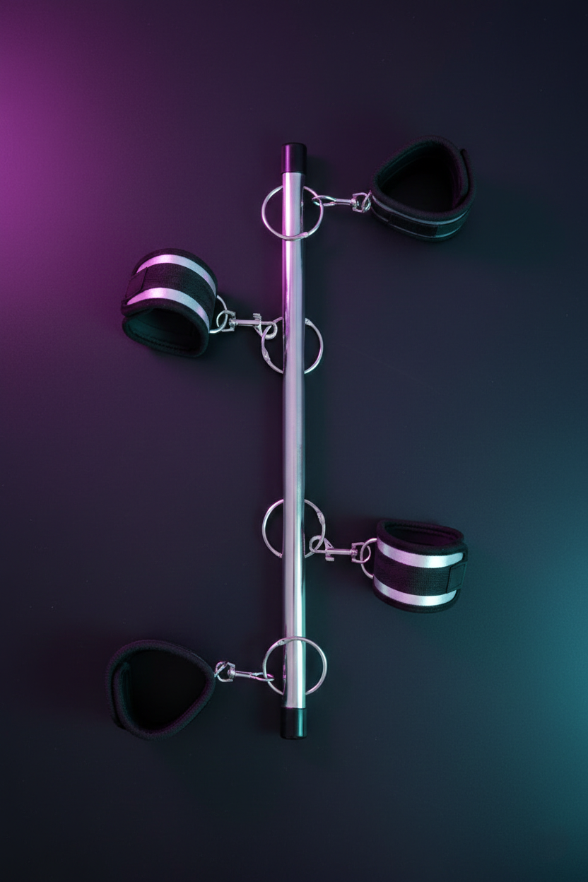 Barre soumission 4 menottes Fetish Tentation métal chromé anneaux coulissants menottes rembourrées mousquetons noir BDSM domination poignets chevilles