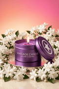 Bougie de massage érotique Ouch! jasmin 50g en boîte métal violette, se transforme en huile tiède soyeuse, sans phtalates