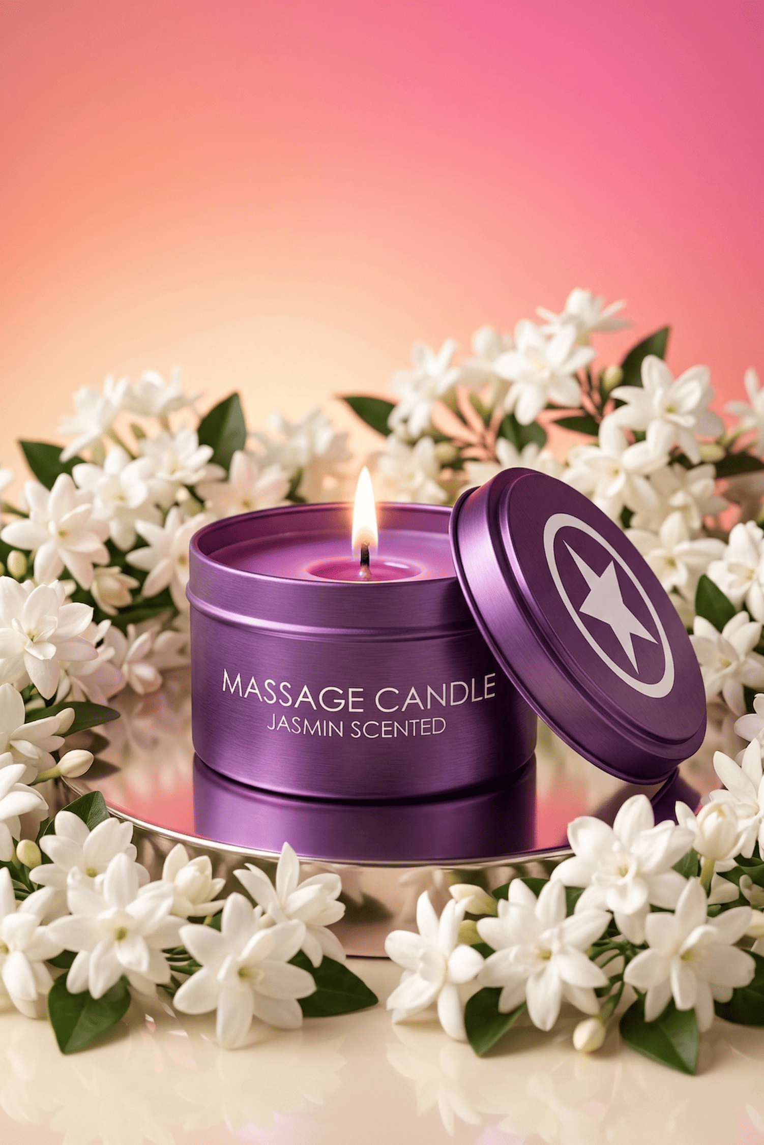 Bougie de massage érotique Ouch! jasmin 50g en boîte métal violette, se transforme en huile tiède soyeuse, sans phtalates