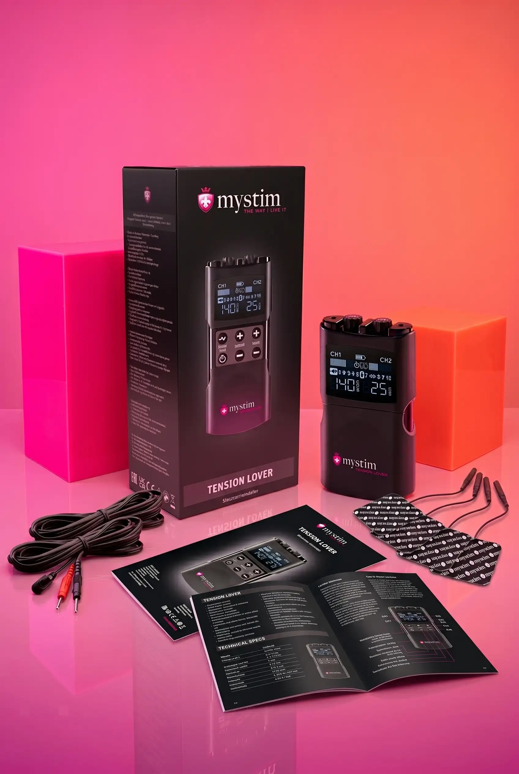 Centrale électro-stimulation Tension Lover 2 Mystim 2 canaux 7 programmes timer 4 électrodes carrées rechargeable USB-C compatible accessoires Mystim plancher pelvien