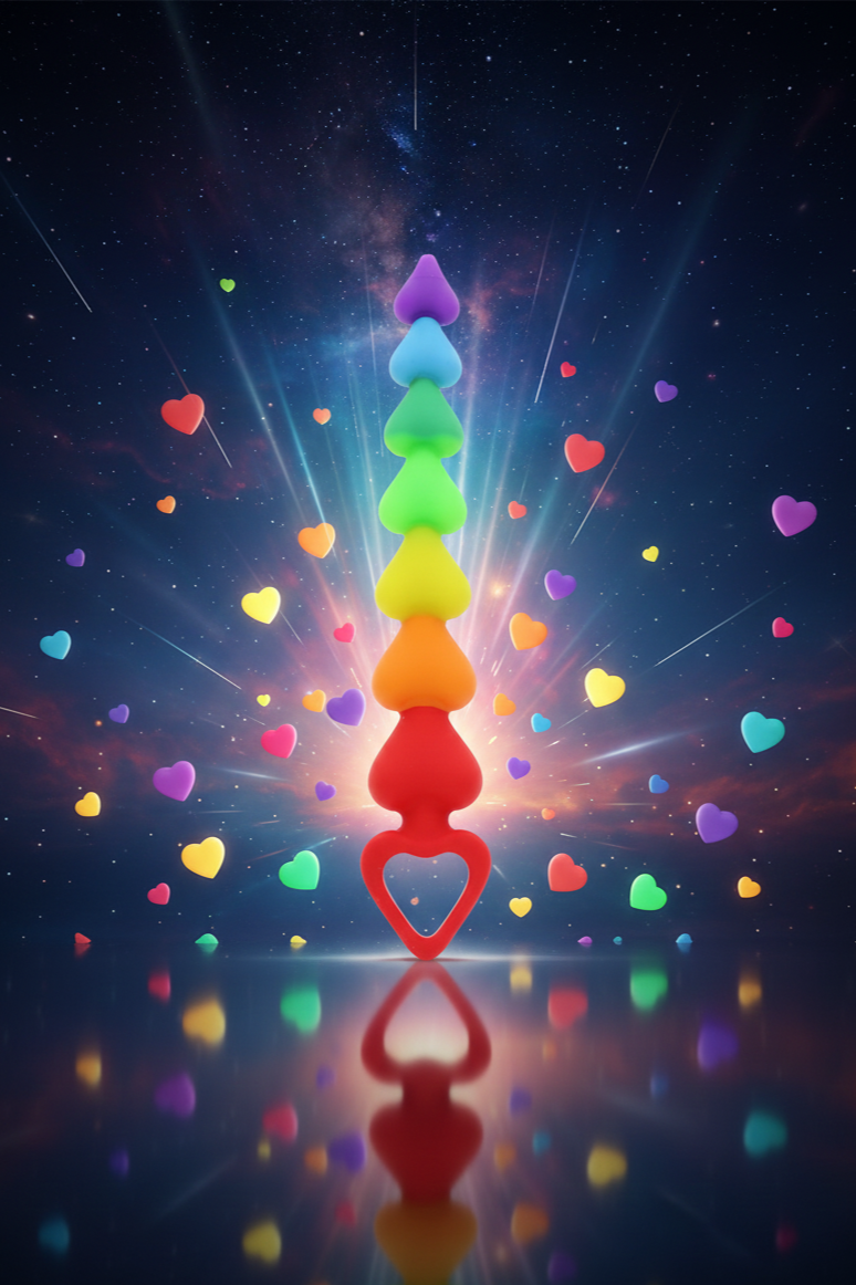Chapelet anal Rainbow Heart Beads de ToyJoy en silicone avec 7 perles cœur arc-en-ciel de diamètre progressif