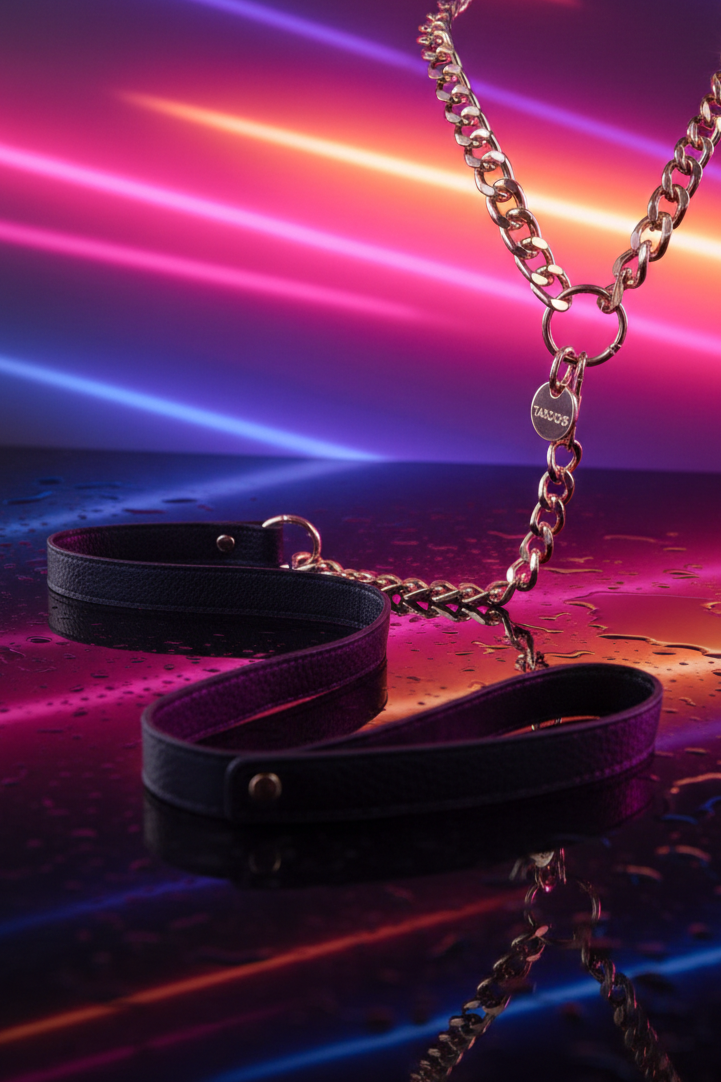 Collier laisse cuir végétalien noir chaîne dorée médaille Taboom Statement collection Dona métal sans nickel BDSM domination luxe