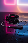 Collier pointes décoratives laisse chaîne métallique Fetish Tentation polyuréthane noir 8 pointes 2 anneaux tour cou 30-38 cm laisse 115 cm BDSM domination