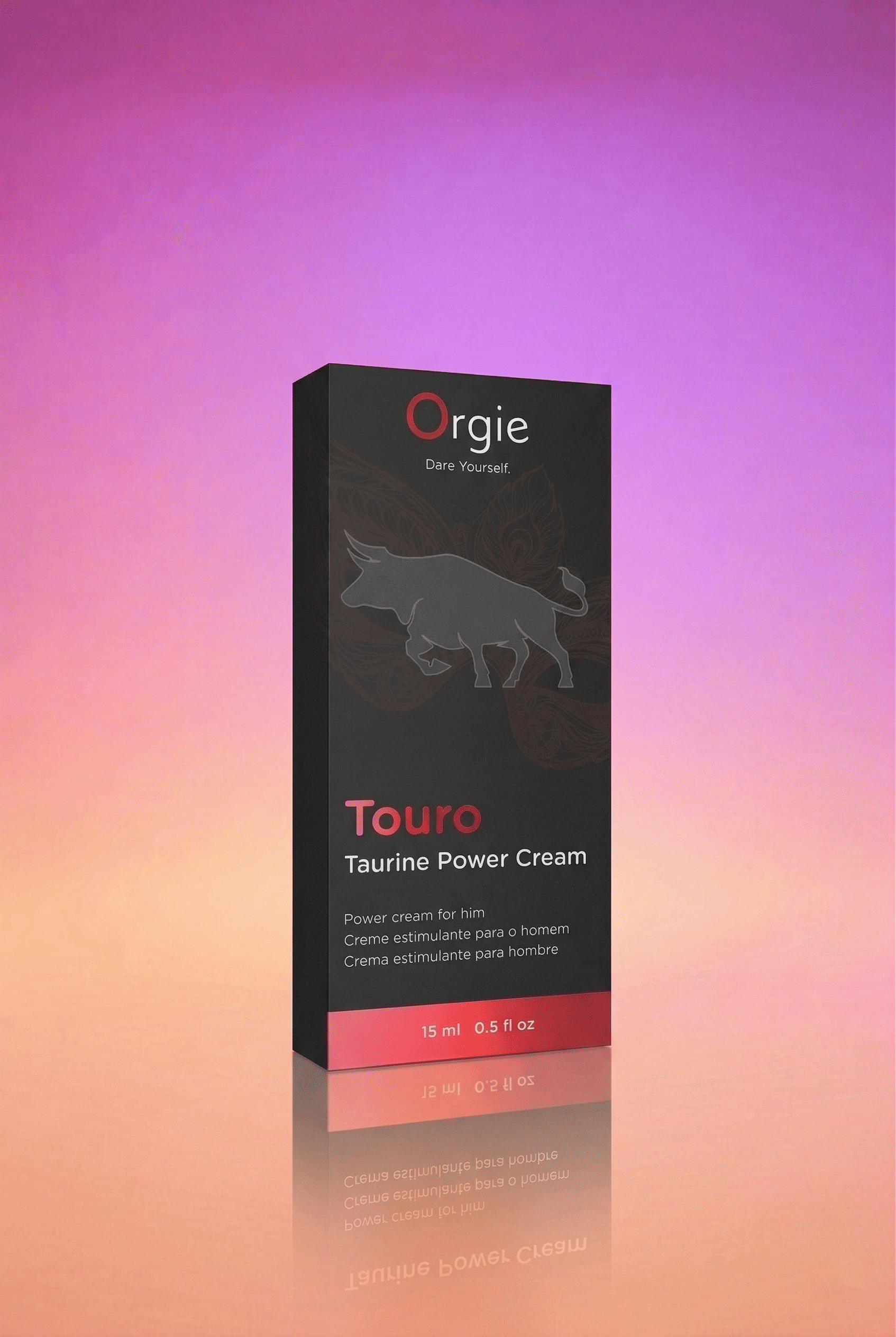 Packaging crème stimulante érectile homme Orgie Touro Power Cream ginseng ginkgo biloba taurine flacon airless 15 ml fabriqué Portugal