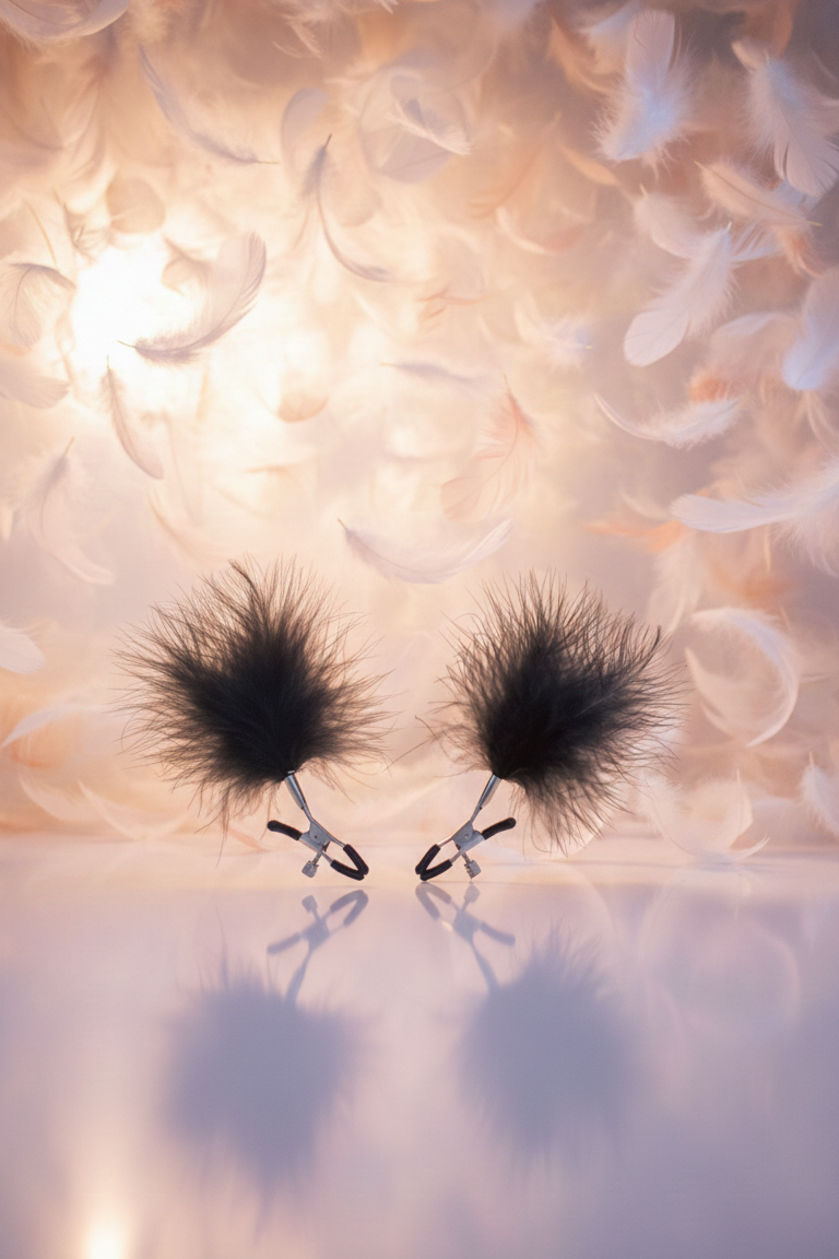 Pinces à tétons Sweet Caress Feather avec plumes de dinde noires, vis de serrage réglable, embouts caoutchouc, métal sans nickel, bijou érotique