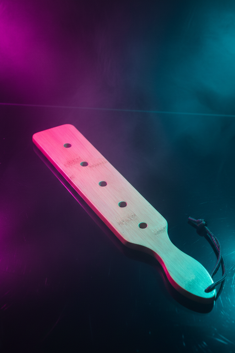 Paddle fessée BDSM Five Hole Fetish Tentation en bambou rigide, 5 perforations, dragonne intégrée, 36,8cm, domination