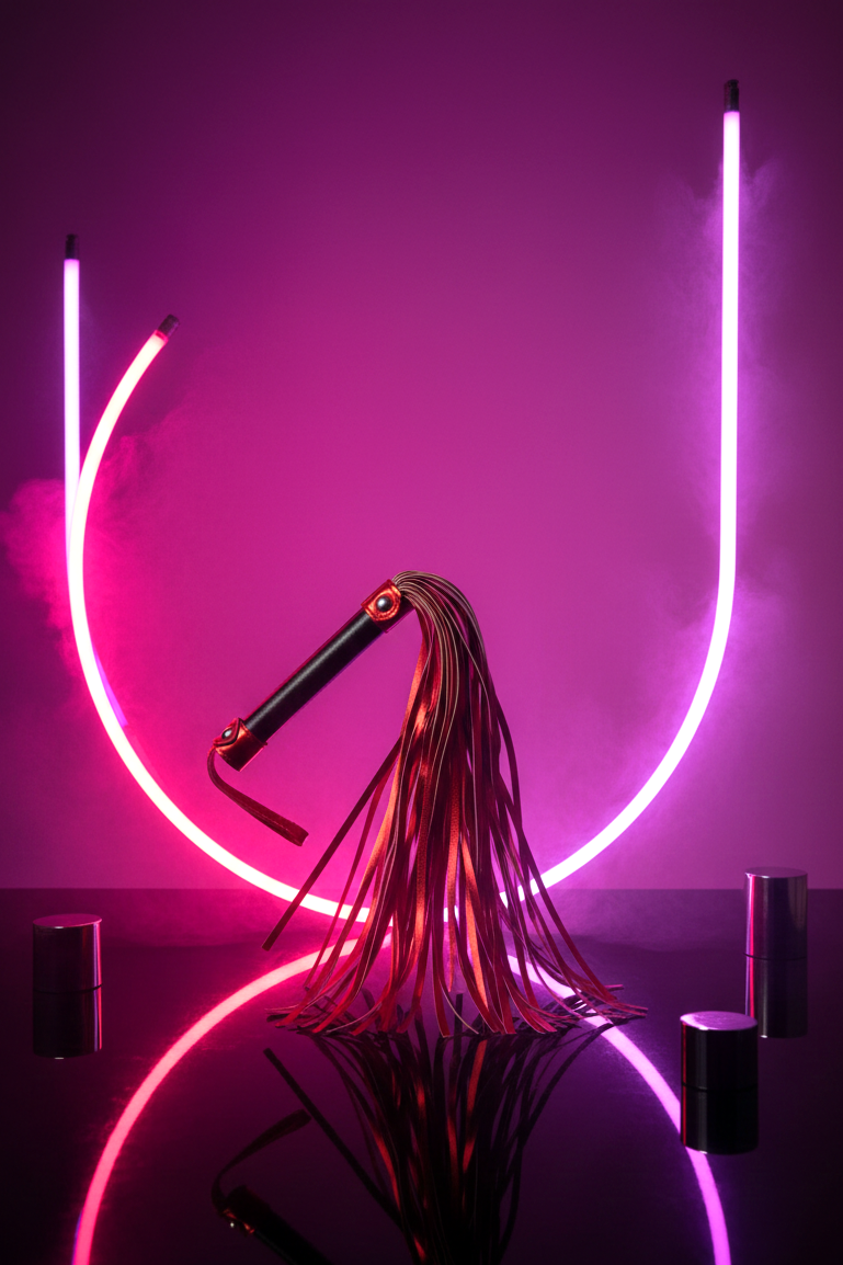 Martinet BDSM bicolore Litolu rouge et noir, 40 lanières simili cuir extra-douces, manche bois rigide dragonne, initiation domination 45cm