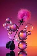Cravache 2-en-1 Sweet Caress Heart Whip fuchsia, tapette cœur PVC et pompon plumes d'oie, manche semi-rigide noeuds soie, domination soft 44cm