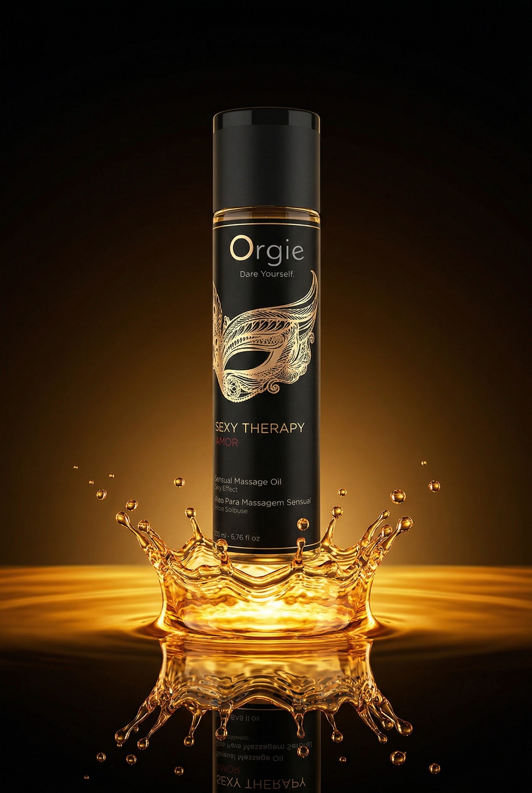 Huile de massage Sexy Therapy Amor Orgie base minérale hybride amande douce tournesol pépins de raisin olive parfum ananas freesia 200 ml testée sans parabènes non testée animaux fabriquée Portugal préliminaires sensuels
