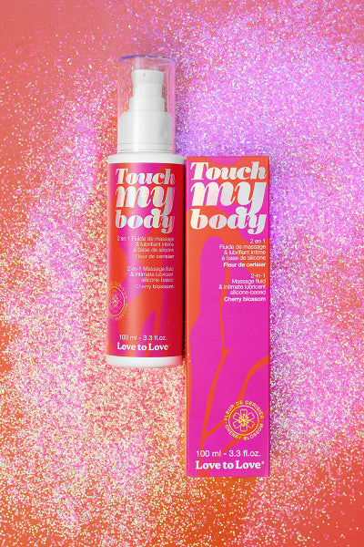 Lubrifiant et huile de massage intime silicone Love to Love Touch my Body parfum fleur de cerisier 100 ml flacon pompe — 2 en 1 longue durée compatible préservatifs