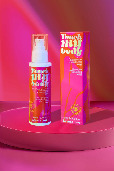  Fluide de massage et lubrifiant intime silicone Love to Love Touch my Body parfum monoï 100 ml flacon pompe — 2 en 1 longue durée compatible préservatifs