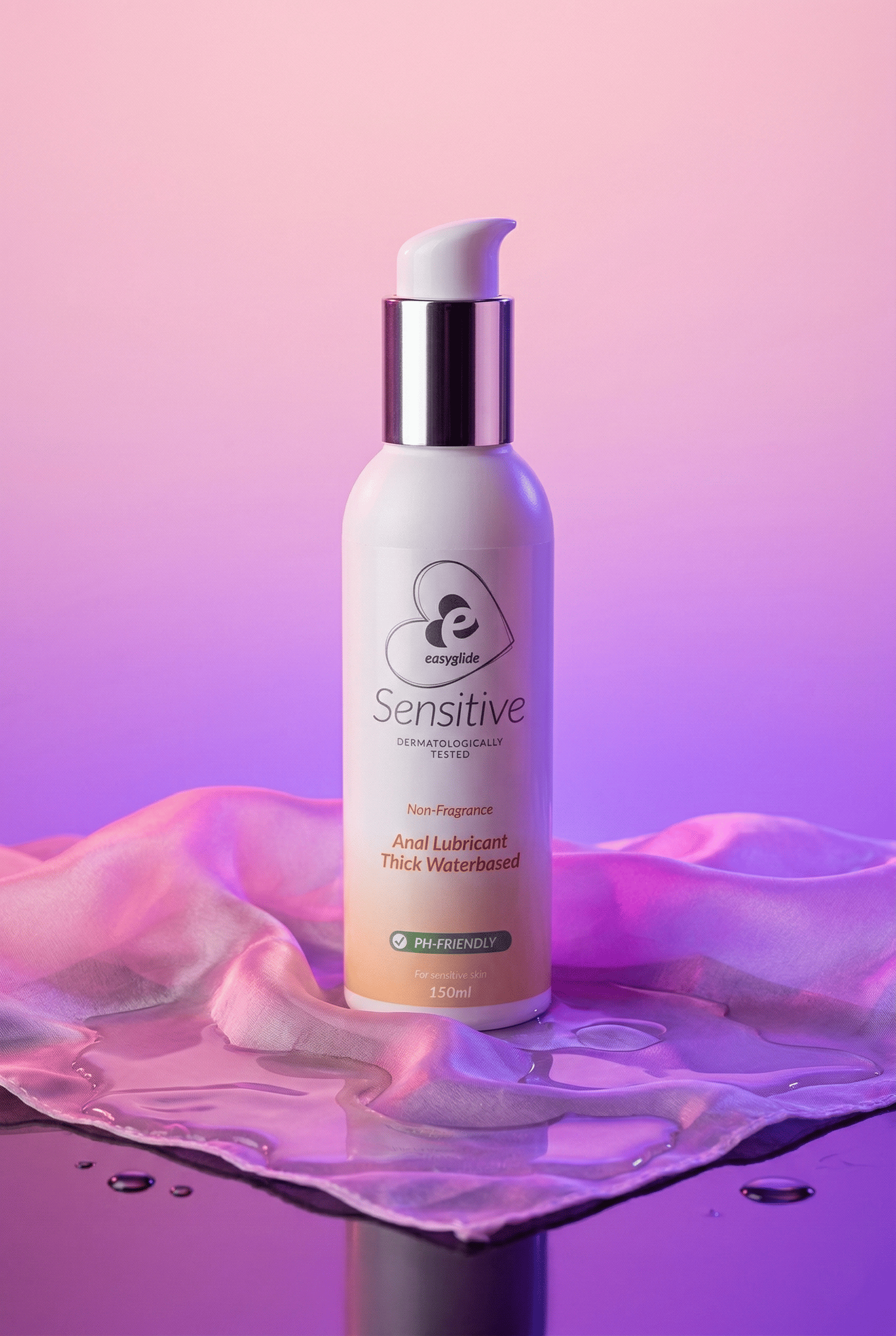 Lubrifiant anal sensitive EasyGlide base eau épais hypoallergénique végan inodore 150 ml certifié CE fabriqué Allemagne compatible préservatifs latex sextoys peaux sensibles
