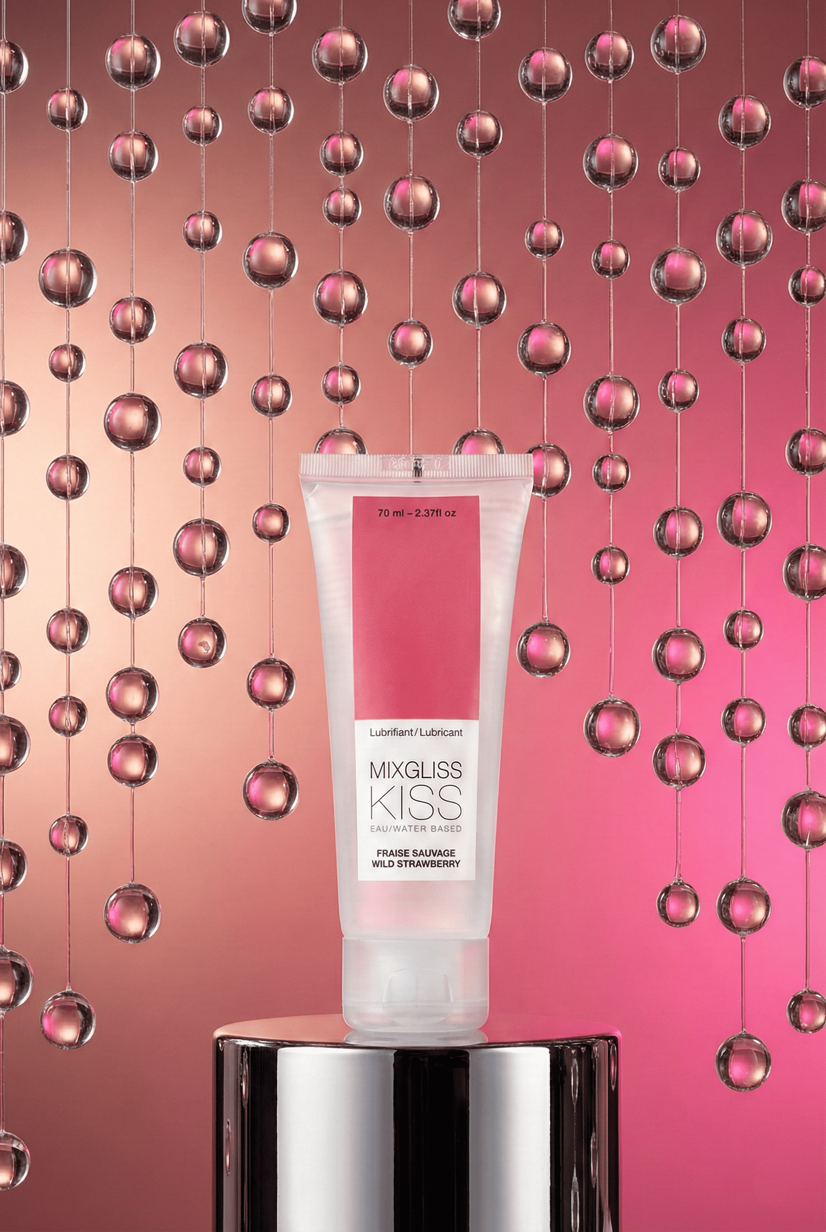 Lubrifiant intime à base d'eau Mixgliss Kiss parfum fraise sauvage 70 ml fabriqué en France compatible sextoys préservatifs testé dermatologiquement