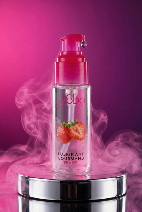 Lubrifiant intime gourmand Yoba Nature Paris fraise base eau 50 ml léchable embrassable compatible préservatifs latex sextoys flacon doseur