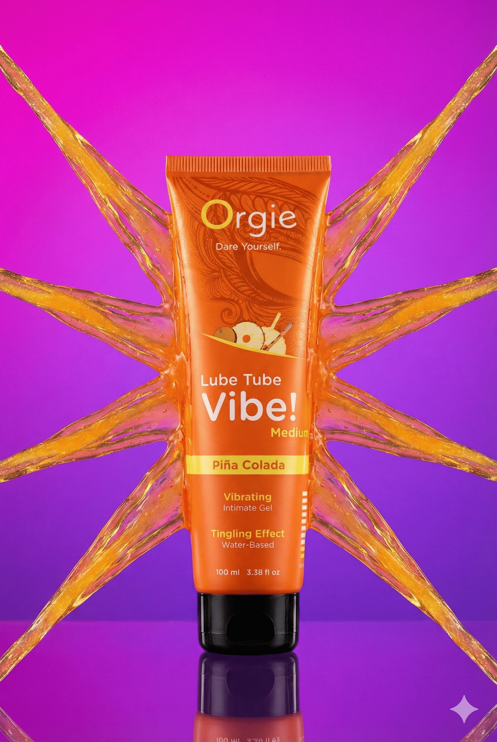 Lubrifiant intime vibrant Orgie Vibe Pina Colada extrait Acmella Brède Mafane base eau 100 ml embrassable léchable compatible sextoys préservatifs fabriqué Portugal