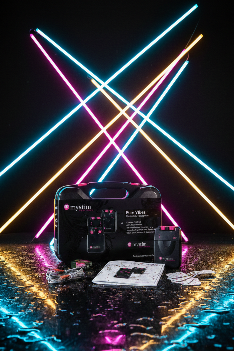 Mallette électro-stimulation Pure Vibes Mystim base analogique 2 canaux 3 programmes boîtier électrodes câbles batterie compatible gamme Mystim