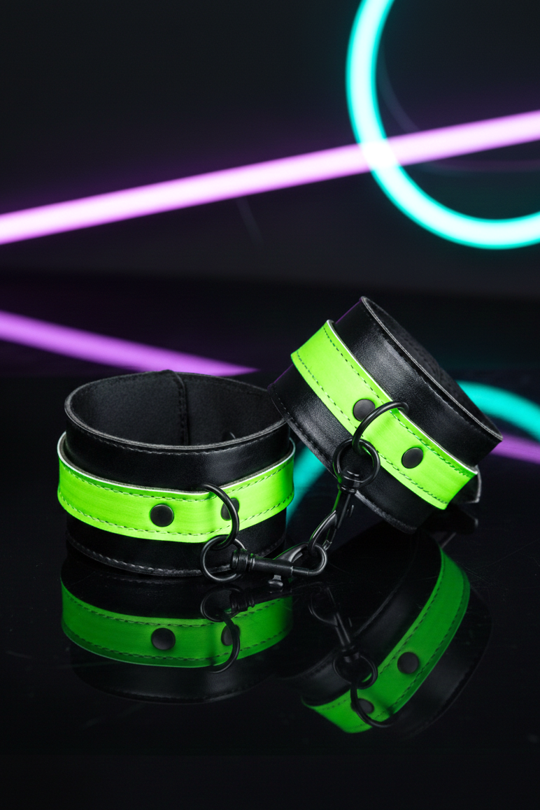 Menottes chevilles phosphorescentes glow in the dark Ouch! cuir synthétique vert noir anneau intégré réglable 35 cm BDSM domination