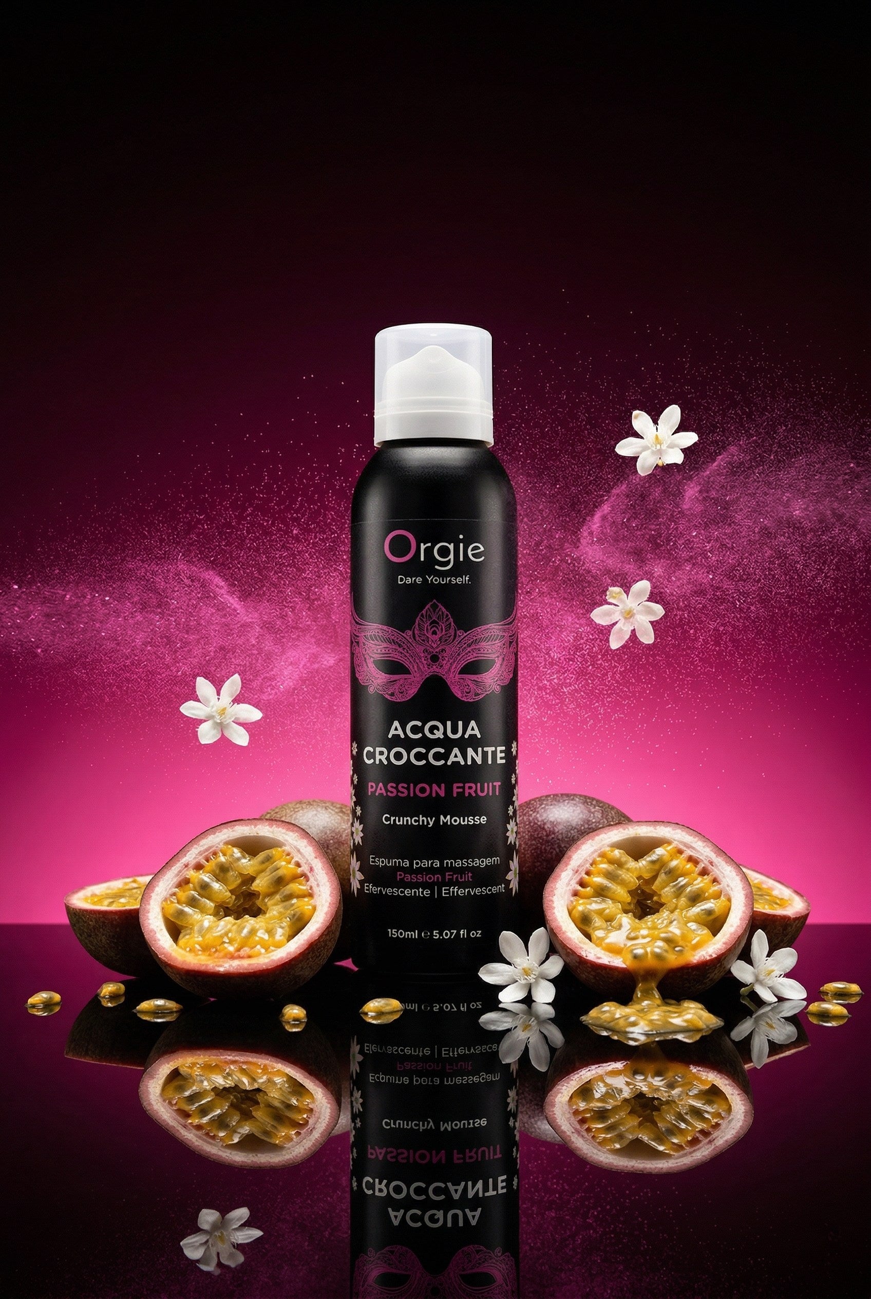 Mousse massage effervescente croquante Acqua Croccante fruit de la passion Orgie hydratante notes fruitées florales 150 ml fabriqué Portugal usage externe