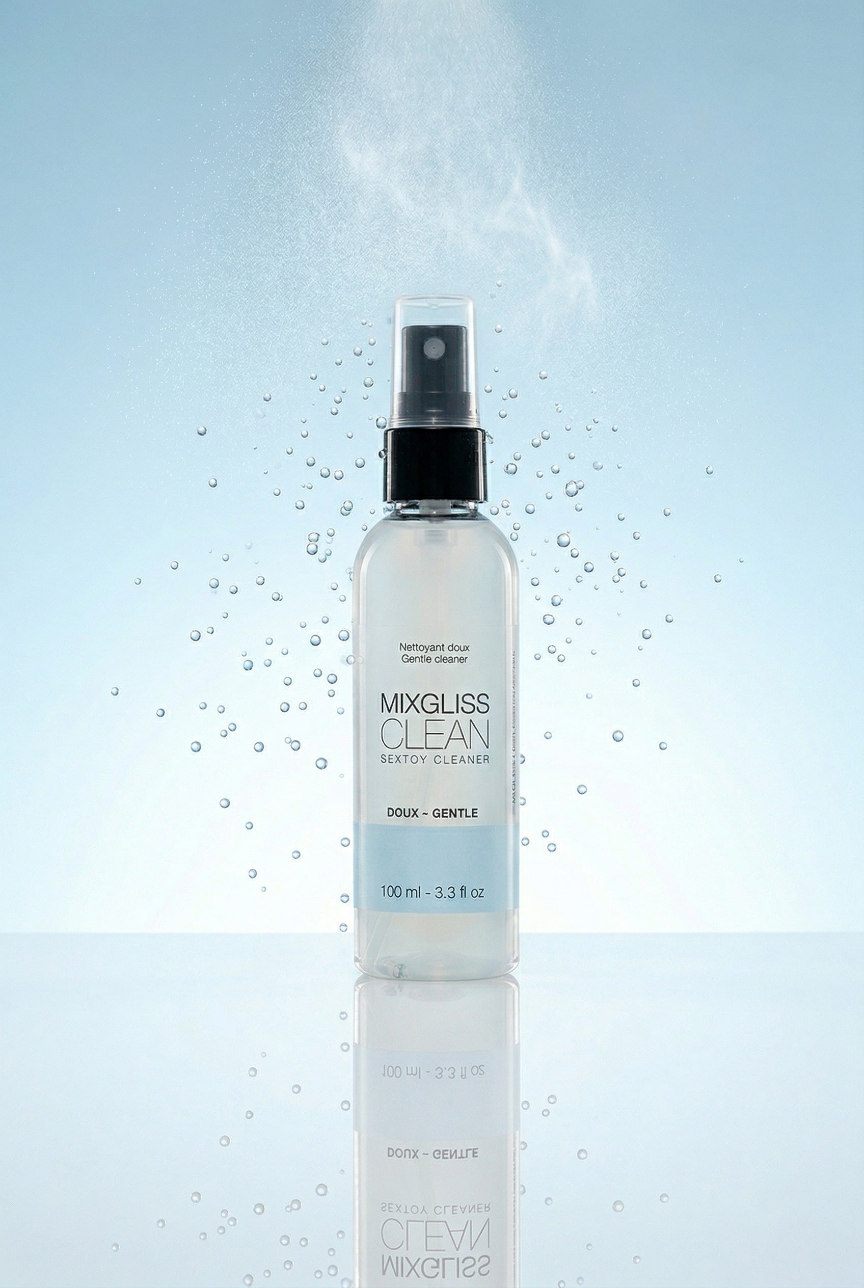 Nettoyant sextoys spray Mixgliss Clean base eau sans alcool sans parabènes qualité cosmétique 100 ml fabriqué France compatible tous sextoys