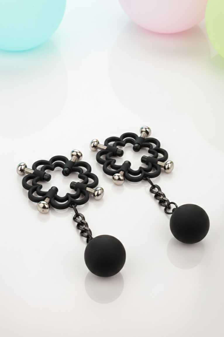Pinces à tétons lestées Nipple Grips Calexotics noires, système 4 vis réglables, sphères pendantes, sans nickel, BDSM unisexe