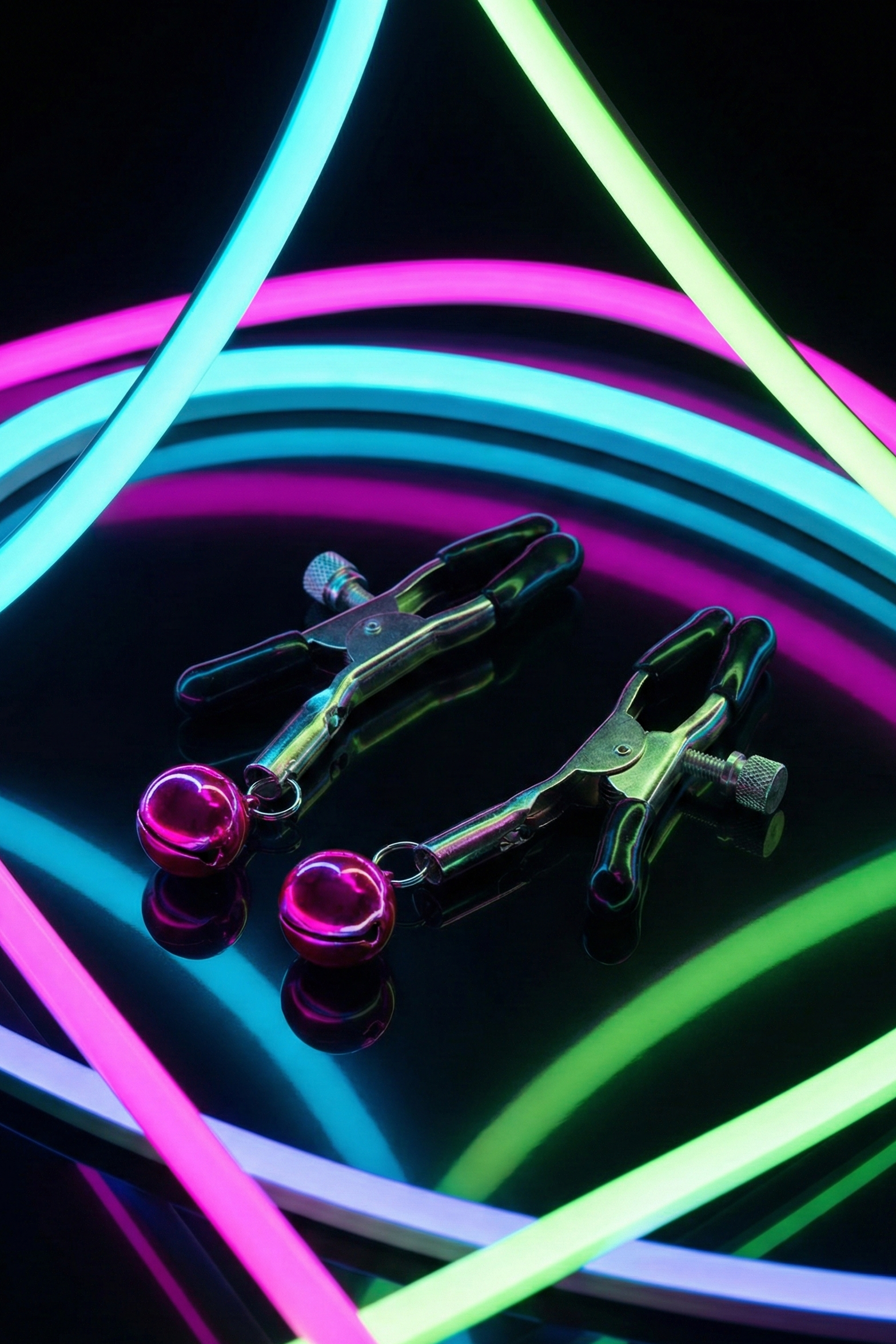 Pinces à tétons réglables ToyJoy Nipple Teasers métal avec grelots fuchsia suspendus, embouts plastique souple, idéales débutantes BDSM