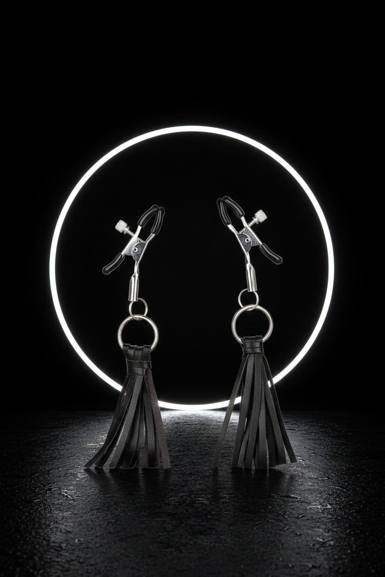 Pinces à tétons Playful Tassels Calexotics Nipple Play noir, pompons similicuir vegan, vis de serrage réglable, coussinets PVC sans phtalates, multi-usages BDSM