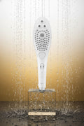 Pommeau de douche stimulateur clitoridien Womanizer Wave blanc collaboration hansgrohe 3 types jets eau niveaux intensité installation universelle silicone ABS fabriqué Allemagne 27,7x7,3x4,2cm