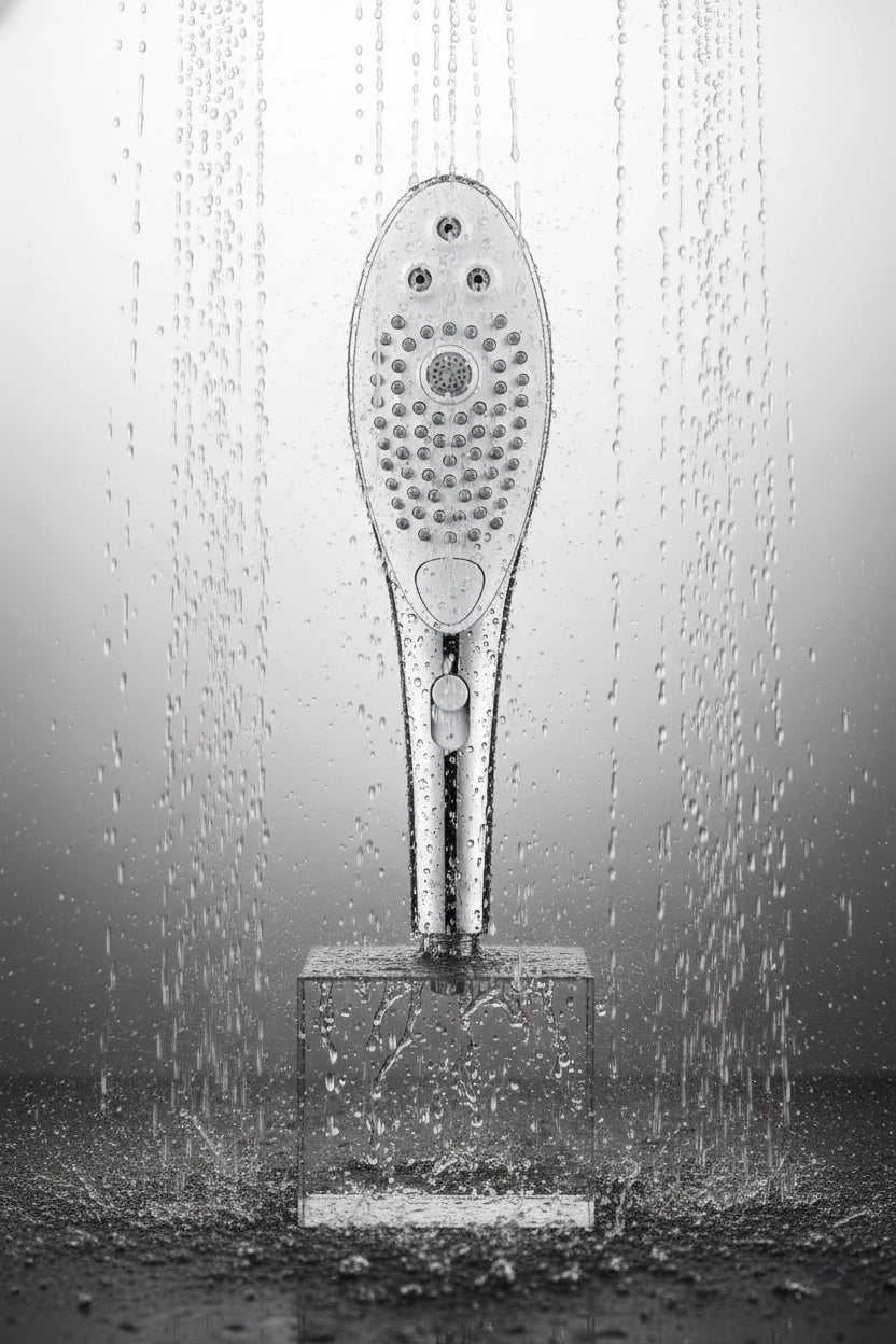 Pommeau de douche stimulateur clitoridien Womanizer Wave chrome collaboration hansgrohe 3 types jets eau niveaux intensité installation universelle silicone ABS fabriqué Allemagne 27,7x7,3x4,2cm