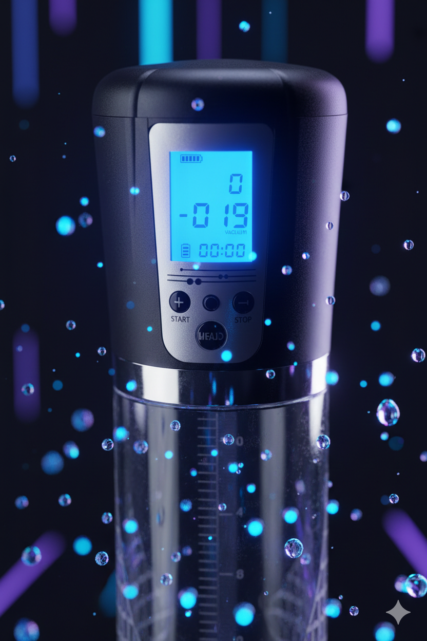 Pompe pénis automatique LCD Pump Blue Junker écran LCD 5 niveaux pression cylindre gradué joint silicone rechargeable USB sans phtalates