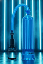 Pompe pénis manuelle Power Pump ToyJoy Manpower cylindre transparent gradué valve dégagement rapide PVC 23 cm bleu