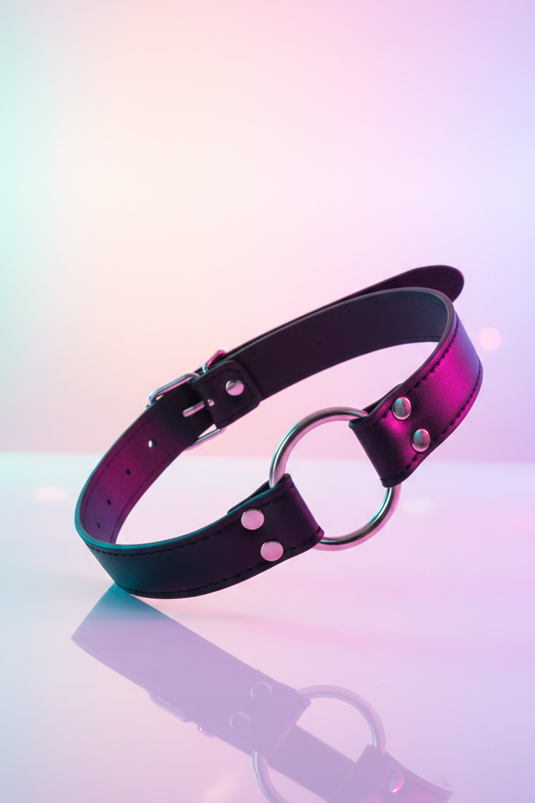 Ring Gag écarteur bouche anneau métal 4,8 cm Fetish Tentation sangle polyuréthane irisé rose violet réglable 39-59 cm sans phtalates BDSM unisexe