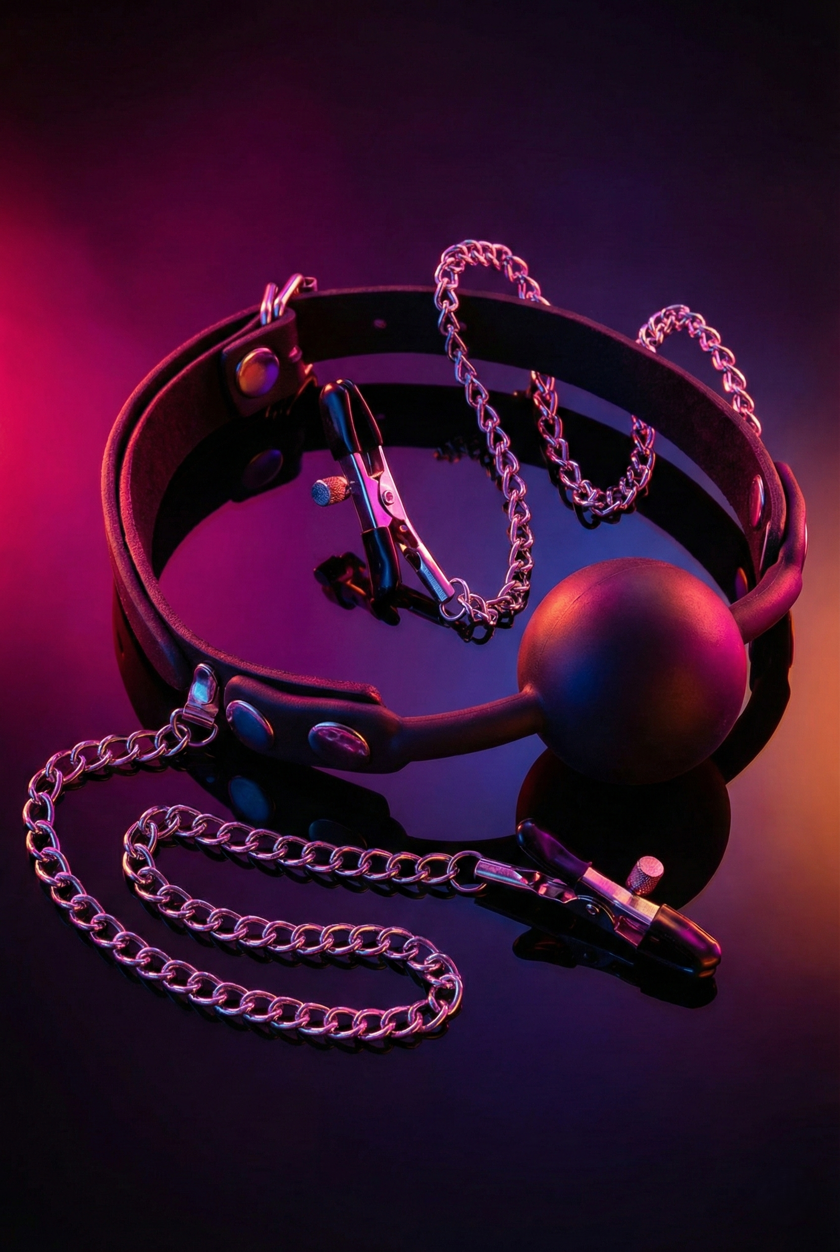 Set bâillon boule silicone 4 cm pinces tétons chaîne Fetish Tentation polyuréthane métal tour tête 42-57 cm BDSM domination