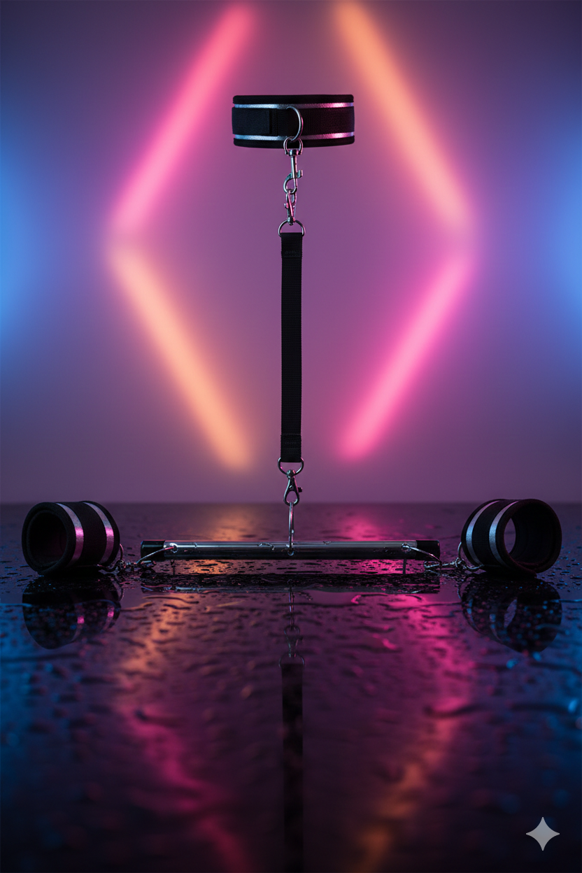 Set soumission Fetish Tentation collier ajustable sangle barre horizontale 2 menottes poignets dos connexion cou BDSM domination noir métal