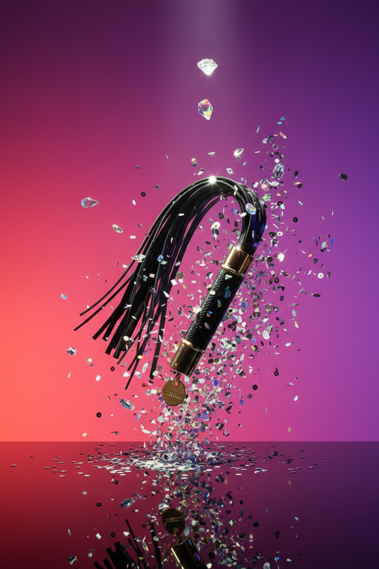 Martinet BDSM Statement Flogger Taboom noir et or, manche métal doré sans nickel, lanières cuir PU, médaillon signature, 50cm 134g
