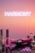 Stimulateur 4en1 Yoba Harmony fuchsia langue vibrante articulée 7 vitesses aspiration 2 embouts interchangeables rond ovale vibromasseur 10 vitesses stimulation clitoris vagin anus silicone ABS sans phtalates hypoallergénique étanche rechargeable USB 25x3,5cm longueur pénétrante 12,7cm