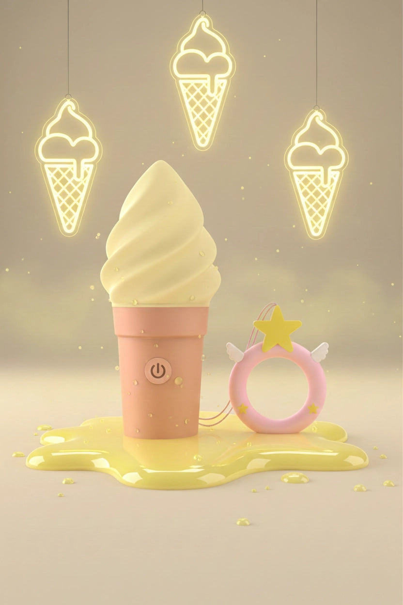 Stimulateur clitoridien Love To Love Cand'Ice Vanilla Pop jaune design cornet glace discret 10 modes vibration anneau prise en main silicone ABS sans phtalates silencieux étanche rechargeable USB magnétique 9,6x4cm