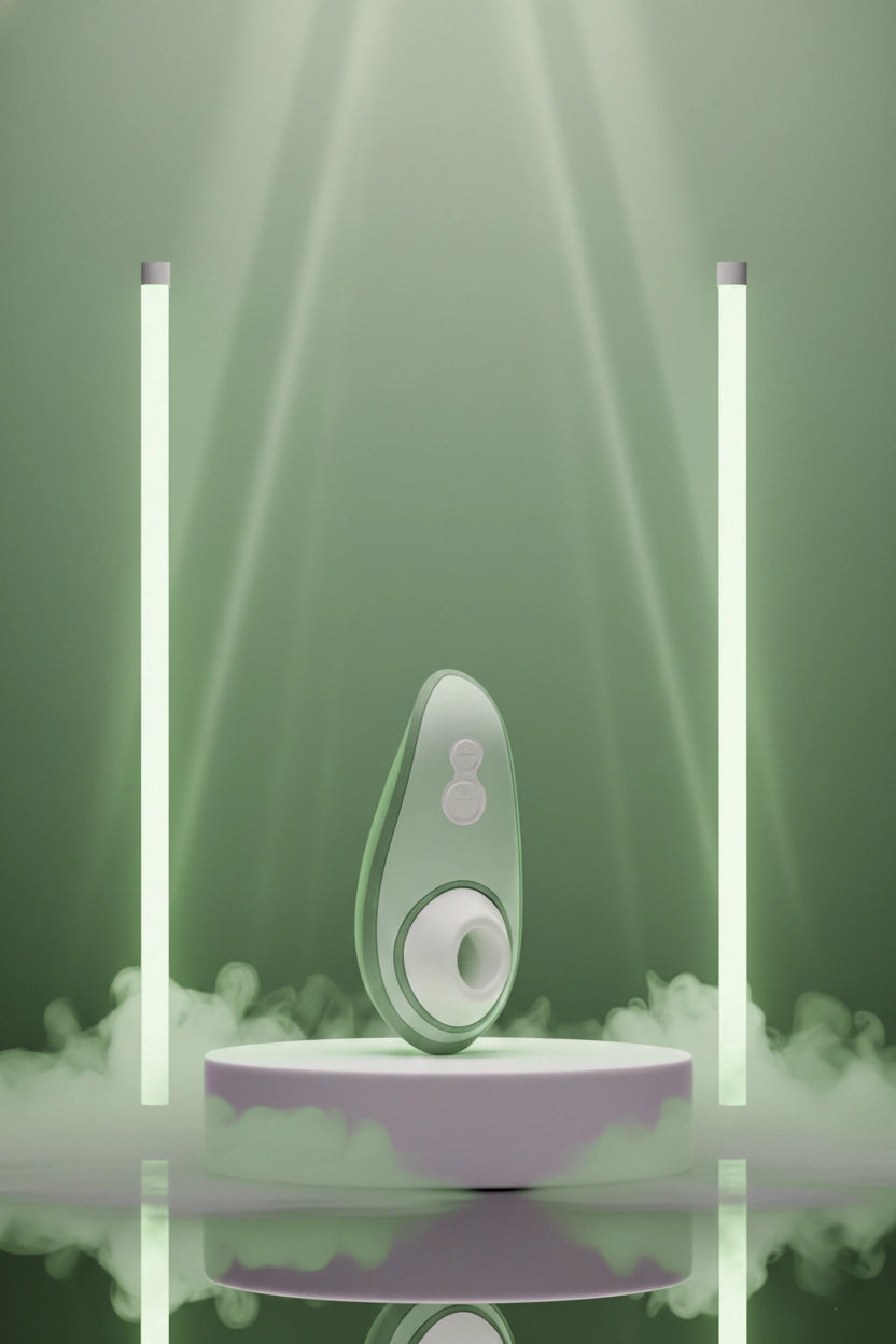 Stimulateur clitoridien voyage Womanizer Liberty 2 vert Pleasure Air sans contact 8 niveaux intensité couvercle rangement magnétique silicone hypoallergénique sans phtalates étanche IPX7 rechargeable USB magnétique 10,5x5x4cm